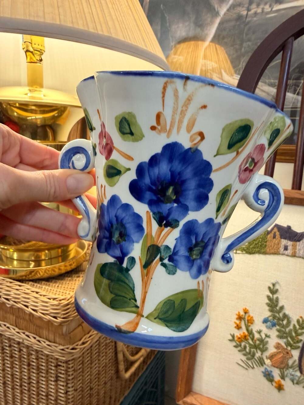 Vintage Blue Floral Ceramic Handle Vase Cottage Home Decor Handpainted FTD